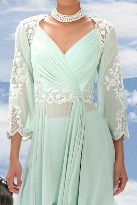 Mandira Wirk - Indian_Green Net, Georgette, Modal Satin V Neck Draped Tunic And Pant Set_at_Aza_Fashions