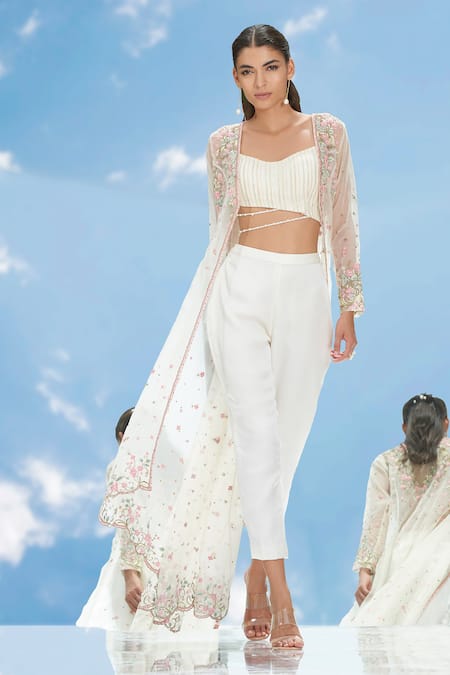Mandira Wirk - Indian White Organza, Georgette Satin V Neck Jacket And Pant Set 