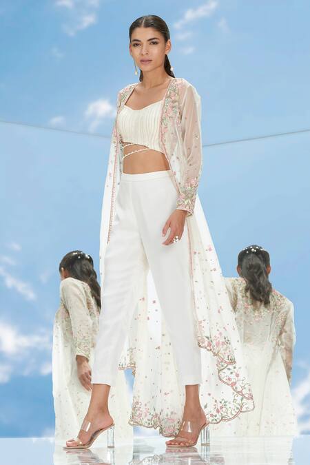Buy Mandira Wirk - Indian White Organza, Georgette Satin V Neck Jacket And Pant Set Online at Aza Fashions Buy_Mandira Wirk - Indian_White Organza, Georgette Satin V Neck Jacket And Pant Set _Online_at_Aza_Fashions