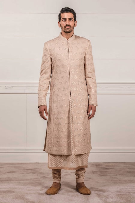 Tarun Tahiliani Chikankari Sherwani & Chanderi Jacquard Kurta Set 