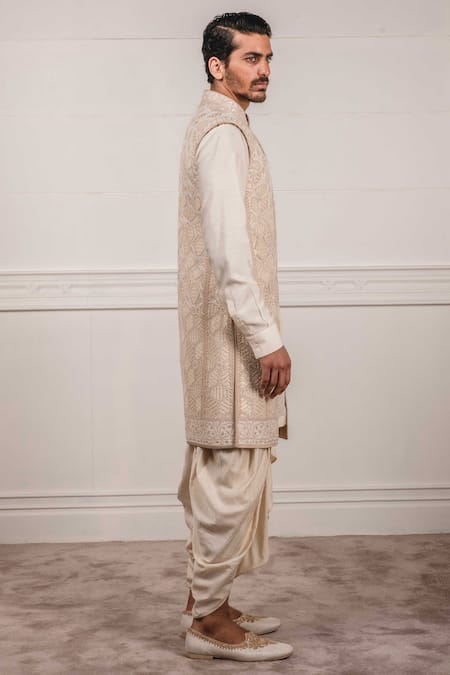 Tarun Tahiliani_White Raw , Katan Embroidered Sherwani And Dhoti Pant Set_Online_at_Aza_Fashions