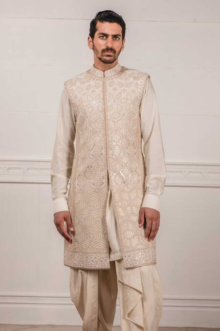 Buy_Tarun Tahiliani_White Raw , Katan Embroidered Sherwani And Dhoti Pant Set_Online_at_Aza_Fashions