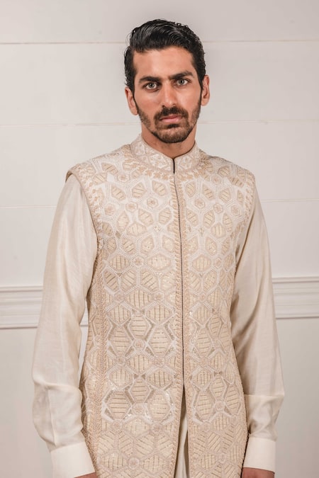 Shop_Tarun Tahiliani_White Raw , Katan Embroidered Sherwani And Dhoti Pant Set_Online_at_Aza_Fashions