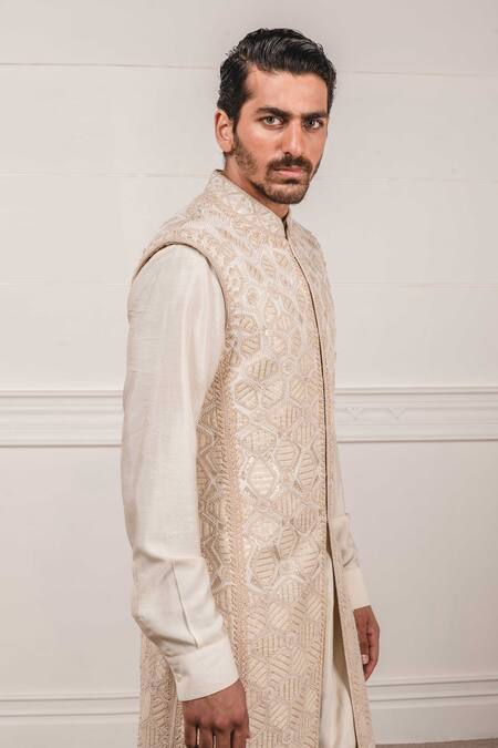 Tarun Tahiliani_White Raw , Katan Embroidered Sherwani And Dhoti Pant Set_at_Aza_Fashions