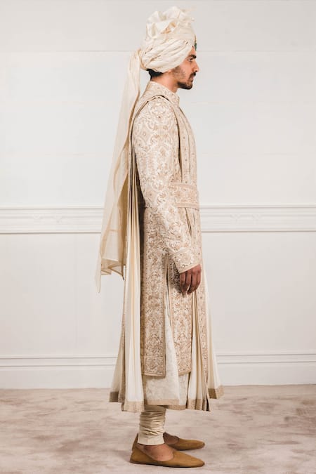 Tarun Tahiliani_White Chanderi, Matka , Katan Embroidered Sherwani And Kurta Set_Online_at_Aza_Fashions