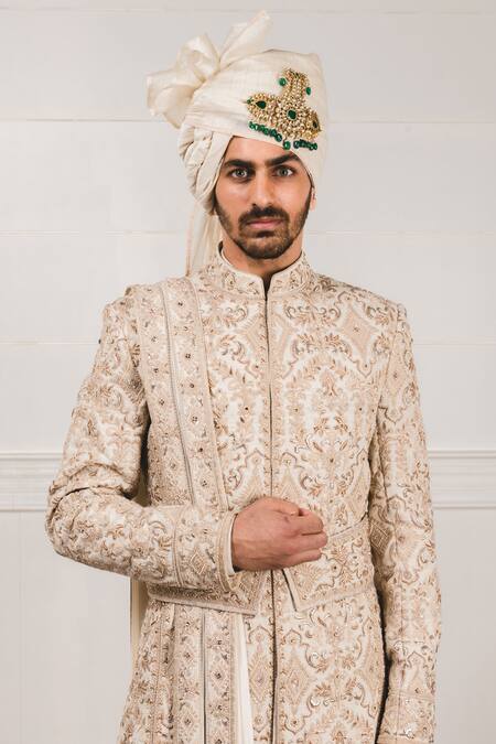 Shop_Tarun Tahiliani_White Chanderi, Matka , Katan Embroidered Sherwani And Kurta Set_Online_at_Aza_Fashions