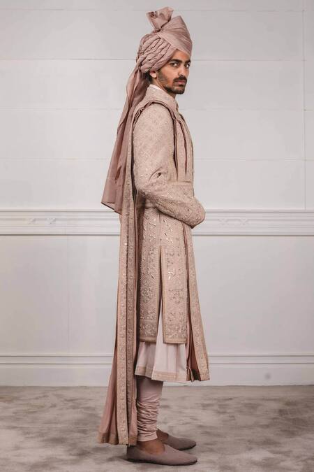 Tarun Tahiliani_Pink Chanderi, Matka , Katan Embroidered Sherwani And Kurta Set_Online_at_Aza_Fashions