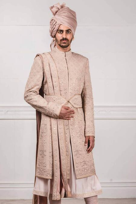 Buy_Tarun Tahiliani_Pink Chanderi, Matka , Katan Embroidered Sherwani And Kurta Set_Online_at_Aza_Fashions