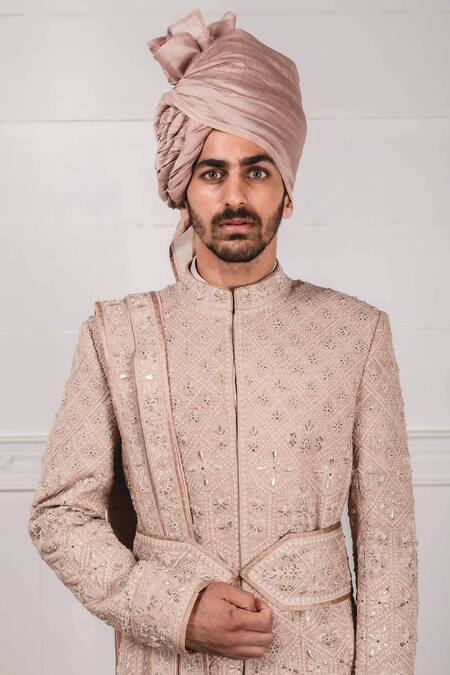 Shop_Tarun Tahiliani_Pink Chanderi, Matka , Katan Embroidered Sherwani And Kurta Set_Online_at_Aza_Fashions