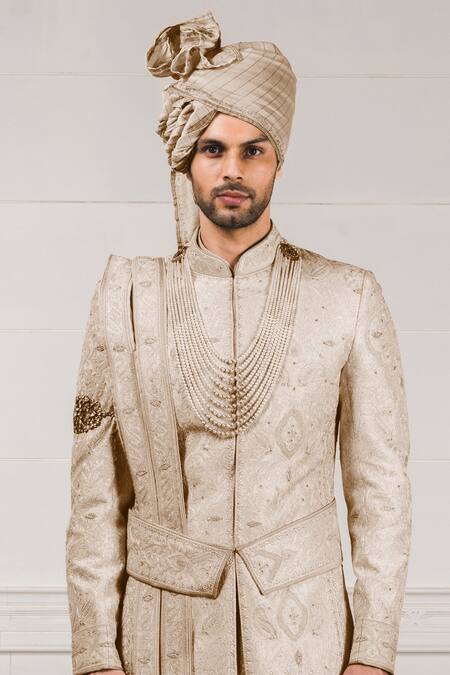 Shop Tarun Tahiliani White Raw , Jacquard, Cotton And Embroidered Sherwani & Kurta Set Online at Aza Fashions Shop_Tarun Tahiliani_White Raw , Jacquard, Cotton And Embroidered Sherwani & Kurta Set_Online_at_Aza_Fashions