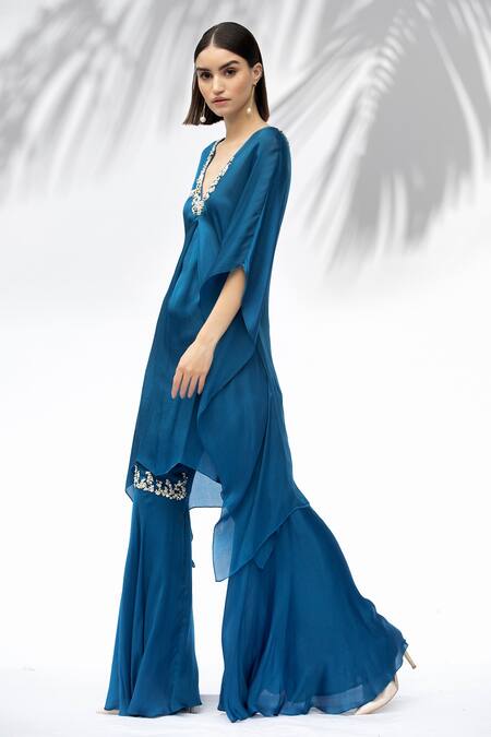 Mandira Wirk - Indian_Blue Georgette, Satin V Neck Kaftan Tunic And Gharara Set_Online_at_Aza_Fashions