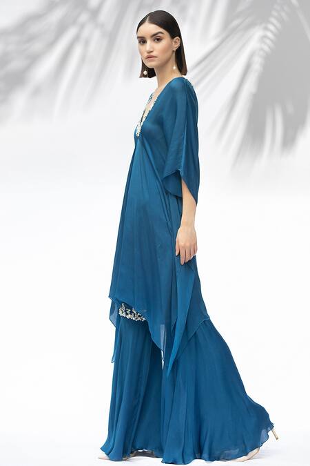 Buy_Mandira Wirk - Indian_Blue Georgette, Satin V Neck Kaftan Tunic And Gharara Set_Online_at_Aza_Fashions