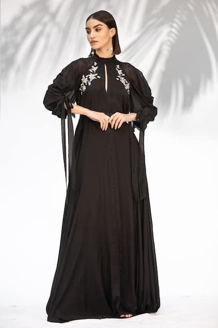 Mandira Wirk Black Chiffon Embroidery Round Flared Maxi Dress