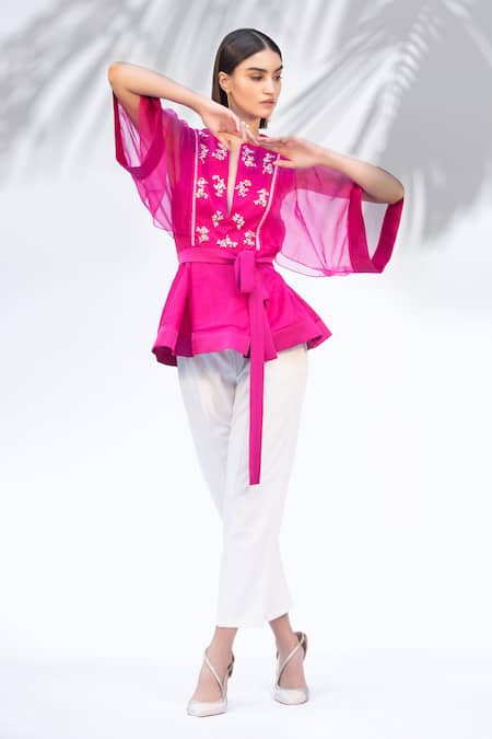 Mandira Wirk - Indian_White Organza, Satin, Alpha Crepe Round Peplum Top And Pant Set_Online_at_Aza_Fashions