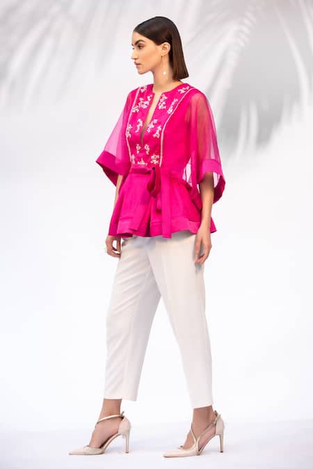 Buy_Mandira Wirk - Indian_White Organza, Satin, Alpha Crepe Round Peplum Top And Pant Set_Online_at_Aza_Fashions