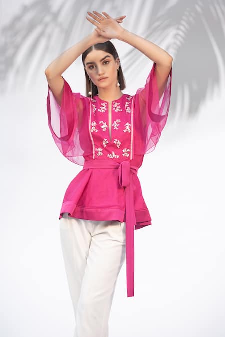 Shop_Mandira Wirk - Indian_White Organza, Satin, Alpha Crepe Round Peplum Top And Pant Set_Online_at_Aza_Fashions