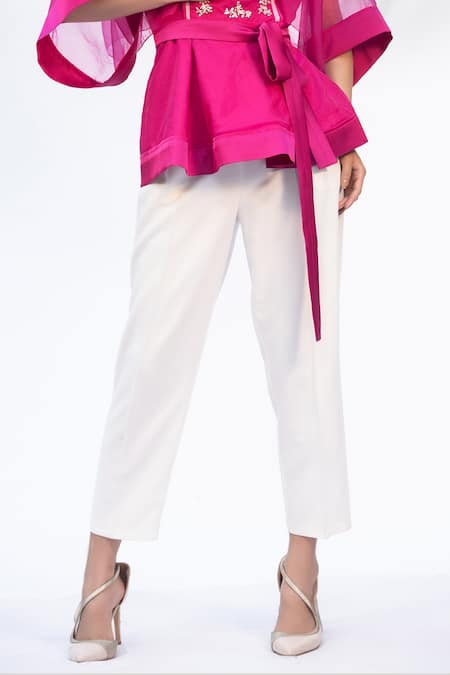 Mandira Wirk - Indian_White Organza, Satin, Alpha Crepe Round Peplum Top And Pant Set_at_Aza_Fashions