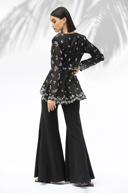 Shop Mandira Wirk - Indian Black Organza, Banana Crepe Round Jacket And Pant Set at Aza Fashions Shop_Mandira Wirk - Indian_Black Organza, Banana Crepe Round Jacket And Pant Set _at_Aza_Fashions