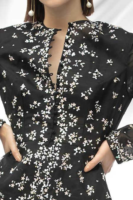 Shop Mandira Wirk - Indian Black Organza, Banana Crepe Round Jacket And Pant Set Online at Aza Fashions Shop_Mandira Wirk - Indian_Black Organza, Banana Crepe Round Jacket And Pant Set _Online_at_Aza_Fashions