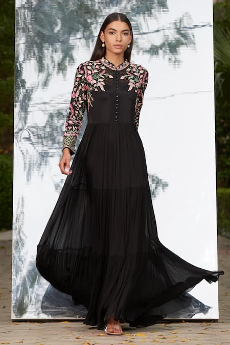 Mandira Wirk Black Chiffon Band Collar Embroidered Tiered Dress