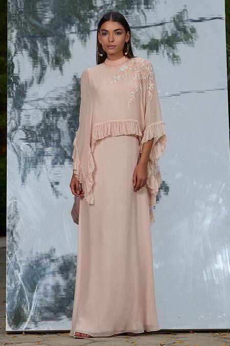 Buy_Mandira Wirk - Indian_Peach Georgette Band Collar Popover Kaftan Dress _Online_at_Aza_Fashions