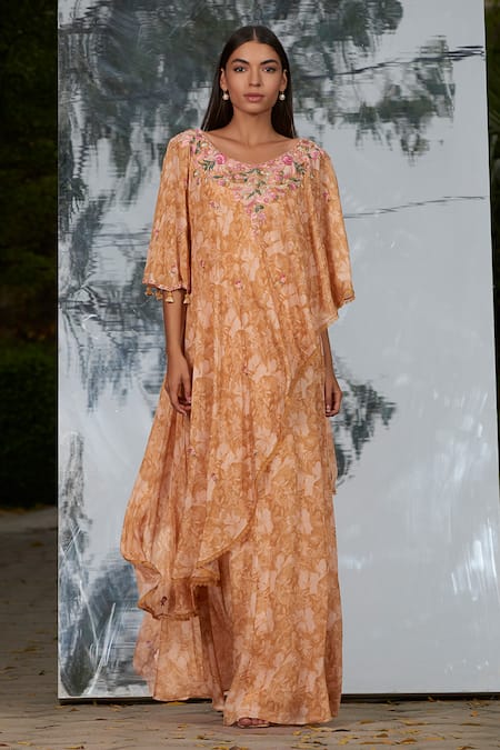 Mandira Wirk_Peach Printed Layered Kaftan_Online_at_Aza_Fashions