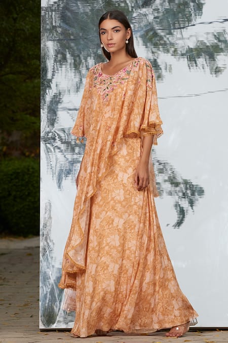 Buy_Mandira Wirk_Peach Printed Layered Kaftan_Online_at_Aza_Fashions