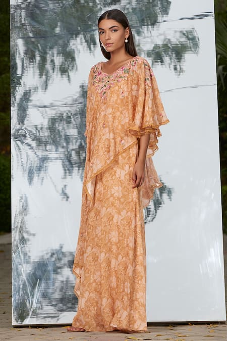 Shop_Mandira Wirk_Peach Printed Layered Kaftan_Online_at_Aza_Fashions