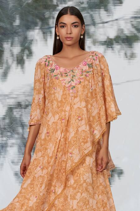 Mandira Wirk_Peach Printed Layered Kaftan_at_Aza_Fashions