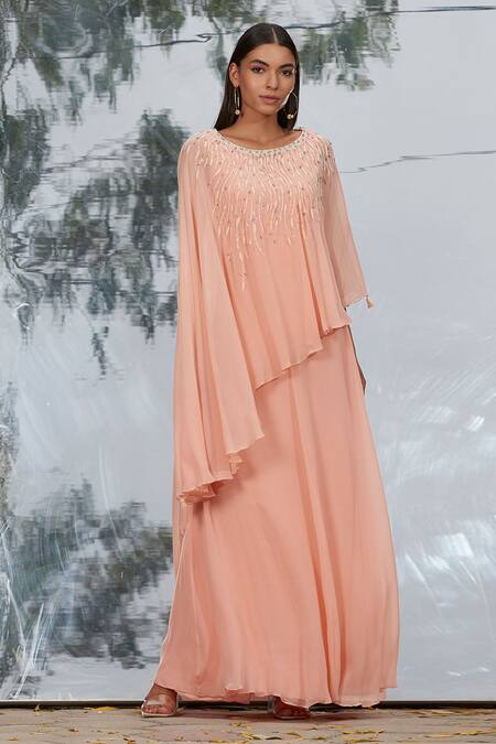 Mandira Wirk - Indian_Peach Georgette Round Layered Kaftan Dress _Online_at_Aza_Fashions