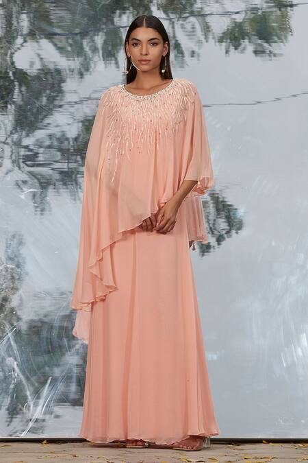 Buy_Mandira Wirk - Indian_Peach Georgette Round Layered Kaftan Dress _Online_at_Aza_Fashions