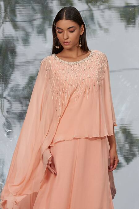 Shop_Mandira Wirk - Indian_Peach Georgette Round Layered Kaftan Dress _Online_at_Aza_Fashions