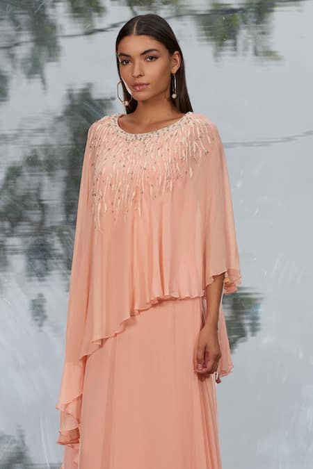 Mandira Wirk - Indian_Peach Georgette Round Layered Kaftan Dress _at_Aza_Fashions