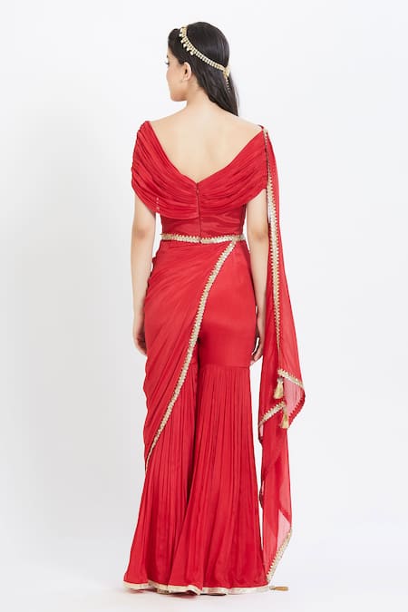 Shop Mandira Wirk - Indian Red Chiffon Wide Neck Pre-draped Sharara Pant Saree at Aza Fashions Shop_Mandira Wirk - Indian_Red Chiffon Wide Neck Pre-draped Sharara Pant Saree _at_Aza_Fashions
