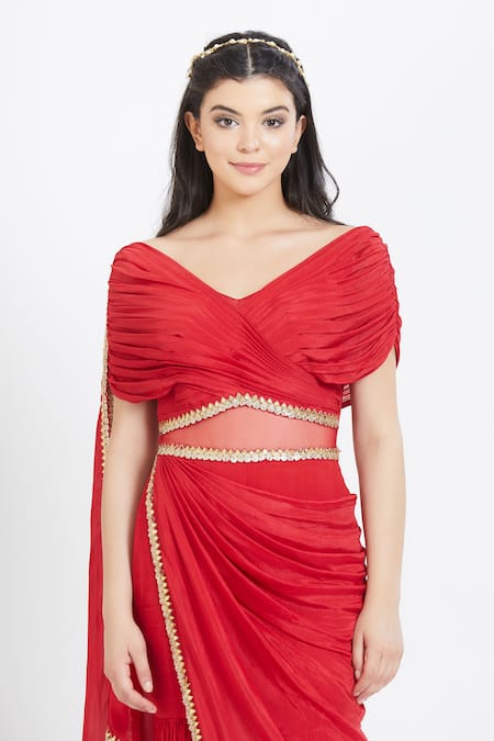 Mandira Wirk - Indian Red Chiffon Wide Neck Pre-draped Sharara Pant Saree at Aza Fashions Mandira Wirk - Indian_Red Chiffon Wide Neck Pre-draped Sharara Pant Saree _at_Aza_Fashions