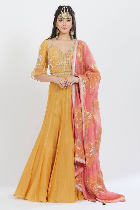 Shop_Mandira Wirk - Indian_Yellow Chanderi, Lycra Leaf Neck Anarkali Set _Online_at_Aza_Fashions