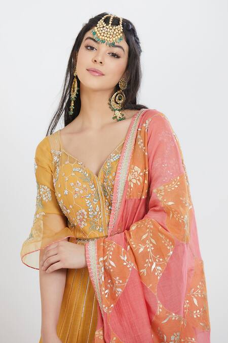Mandira Wirk - Indian_Yellow Chanderi, Lycra Leaf Neck Anarkali Set _at_Aza_Fashions