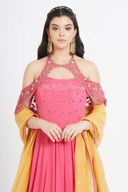 Mandira Wirk - Indian_Pink Chanderi, Lycra Halter Cold Shoulder Layered Anarkali Set _at_Aza_Fashions