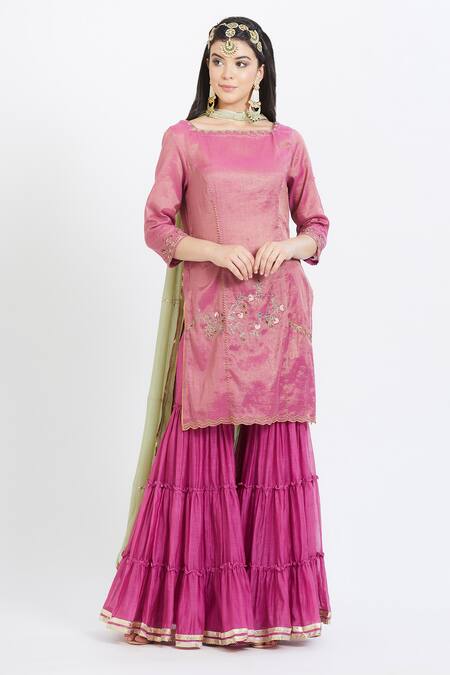 Shop Mandira Wirk - Indian Purple Tissue Square Neck Embroidered Kurta Sharara Set Online at Aza Fashions Shop_Mandira Wirk - Indian_Purple Tissue Square Neck Embroidered Kurta Sharara Set _Online_at_Aza_Fashions