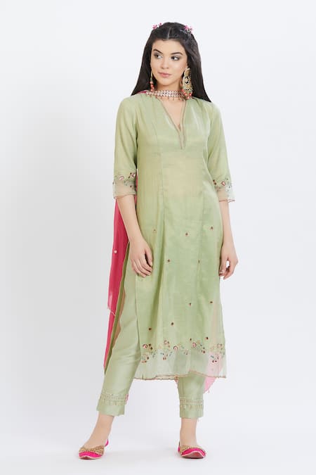 Shop Mandira Wirk - Indian Green Tissue V Neck Embroidered Kurta Set Online at Aza Fashions Shop_Mandira Wirk - Indian_Green Tissue V Neck Embroidered Kurta Set _Online_at_Aza_Fashions