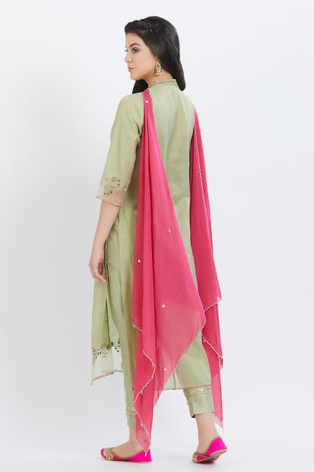 Shop Mandira Wirk - Indian Green Tissue V Neck Embroidered Kurta Set at Aza Fashions Shop_Mandira Wirk - Indian_Green Tissue V Neck Embroidered Kurta Set _at_Aza_Fashions