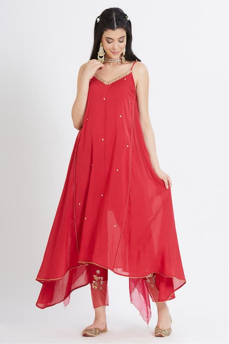 Mandira Wirk - Indian Red Cotton Silk V Neck Asymmetric Kurta Set