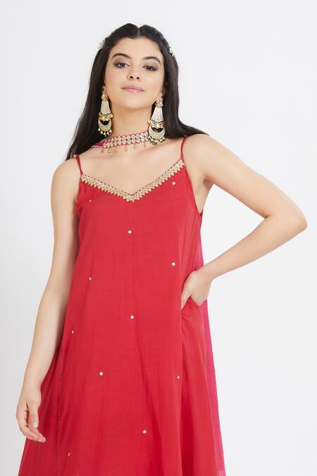 Shop_Mandira Wirk - Indian_Red Cotton Silk V Neck Asymmetric Kurta Set _Online_at_Aza_Fashions