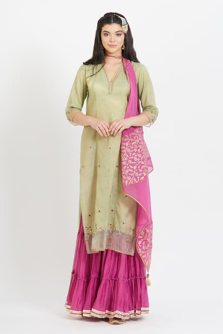 Shop Mandira Wirk - Indian Green Tissue V Neck Embroidered Kurta Sharara Set at Aza Fashions Shop_Mandira Wirk - Indian_Green Tissue V Neck Embroidered Kurta Sharara Set _at_Aza_Fashions