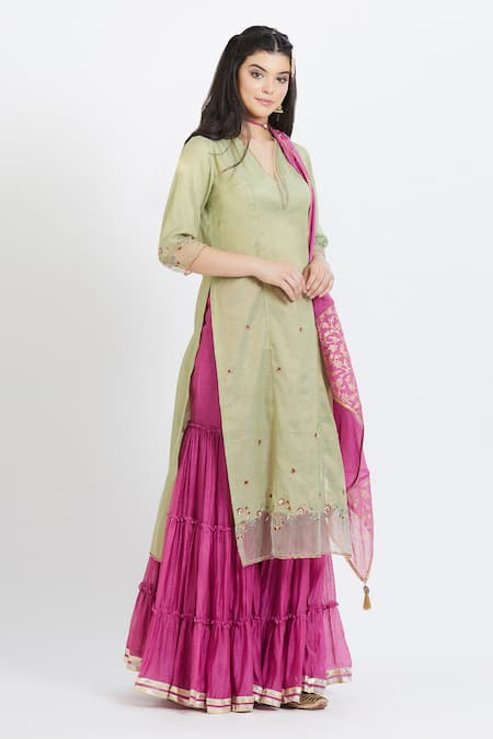 Mandira Wirk - Indian Green Tissue V Neck Embroidered Kurta Sharara Set Online at Aza Fashions Mandira Wirk - Indian_Green Tissue V Neck Embroidered Kurta Sharara Set _Online_at_Aza_Fashions