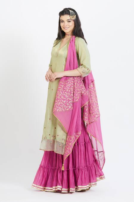Buy Mandira Wirk - Indian Green Tissue V Neck Embroidered Kurta Sharara Set Online at Aza Fashions Buy_Mandira Wirk - Indian_Green Tissue V Neck Embroidered Kurta Sharara Set _Online_at_Aza_Fashions
