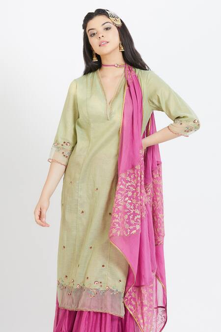 Shop Mandira Wirk - Indian Green Tissue V Neck Embroidered Kurta Sharara Set Online at Aza Fashions Shop_Mandira Wirk - Indian_Green Tissue V Neck Embroidered Kurta Sharara Set _Online_at_Aza_Fashions