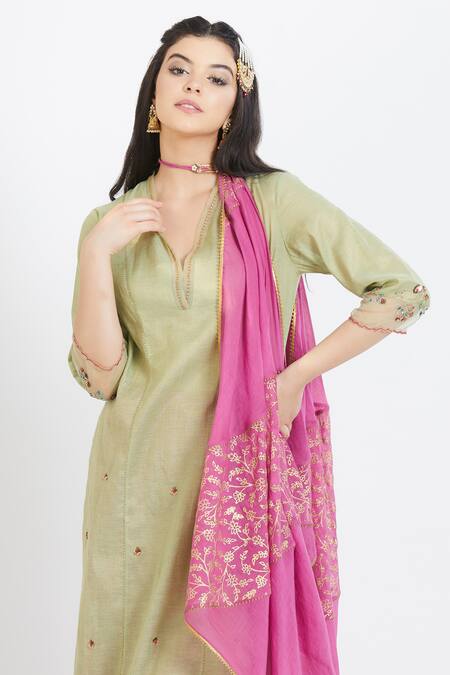 Mandira Wirk - Indian Green Tissue V Neck Embroidered Kurta Sharara Set at Aza Fashions Mandira Wirk - Indian_Green Tissue V Neck Embroidered Kurta Sharara Set _at_Aza_Fashions