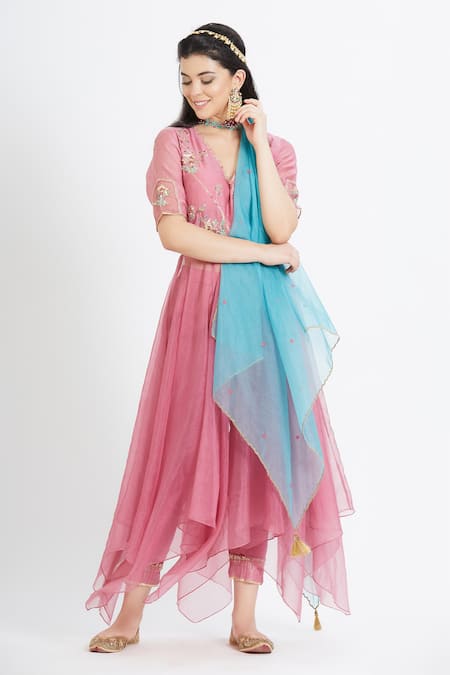 Shop_Mandira Wirk - Indian_Pink Organza, Chanderi V Neck Asymmetric Kurta Set _Online_at_Aza_Fashions