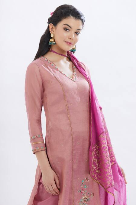 Mandira Wirk - Indian Pink Organza, Tissue V Neck Embroidered Kurta Set at Aza Fashions Mandira Wirk - Indian_Pink Organza, Tissue V Neck Embroidered Kurta Set _at_Aza_Fashions